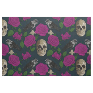 Dark Gothic Grungy Rose Vines Raven Skull Pink Fabric