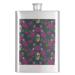 Dark Gothic Grungy Rose Vines Raven Skull pink Hip Flask