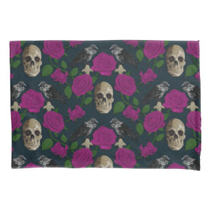 Dark Gothic Grungy Rose Vines Raven Skull pink Pillowcase