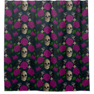 Dark Gothic Grungy Rose Vines Raven Skull pink Shower Curtain