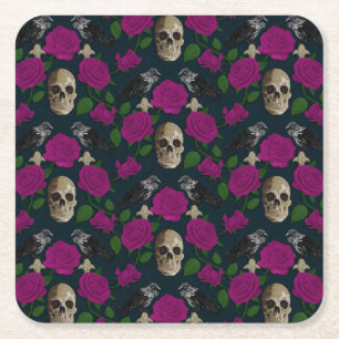 Dark Gothic Grungy Rose Vines Raven Skull pink Square Paper Coaster