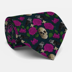 Dark Gothic Grungy Rose Vines Raven Skull pink Tie