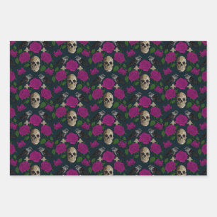 Dark Gothic Grungy Rose Vines Raven Skull pink Wrapping Paper Sheet
