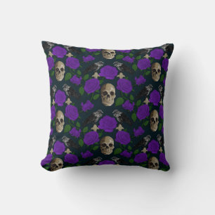 Dark Gothic Grungy Rose Vines Raven Skull purple Cushion
