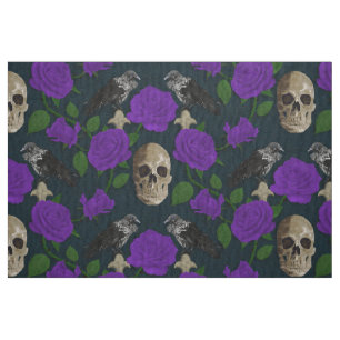 Dark Gothic Grungy Rose Vines Raven Skull Purple Fabric