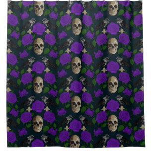 Dark Gothic Grungy Rose Vines Raven Skull purple Shower Curtain