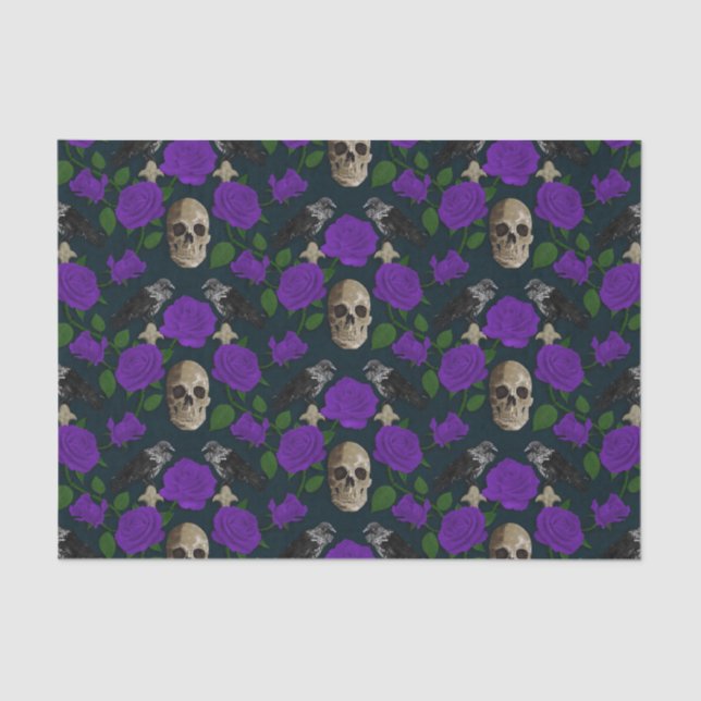Dark Gothic Grungy Rose Vines Raven Skull purple Tissue Paper (Front)
