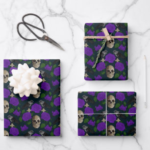 Dark Gothic Grungy Rose Vines Raven Skull purple Wrapping Paper Sheet