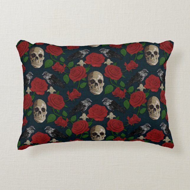 Dark Gothic Grungy Rose Vines Raven Skull red Decorative Cushion (Front)
