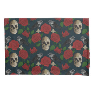 Dark Gothic Grungy Rose Vines Raven Skull red Pillowcase