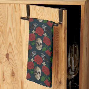 Dark Gothic Grungy Rose Vines Raven Skull red Tea Towel