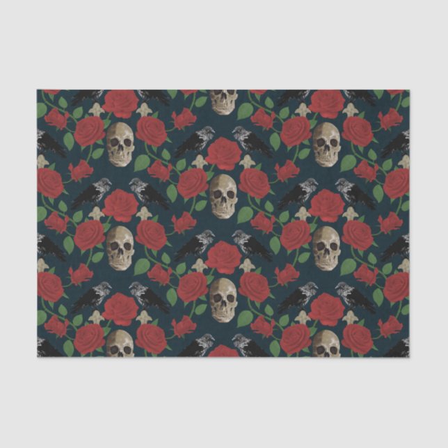 Dark Gothic Grungy Rose Vines Raven Skull red Tissue Paper (Front)