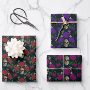 Dark Gothic Grungy Rose Vines Raven Skull Wrapping Paper Sheet