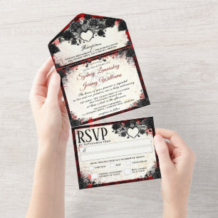 Dark Gothic Halloween Heart - MENU -Together With All In One Invitation