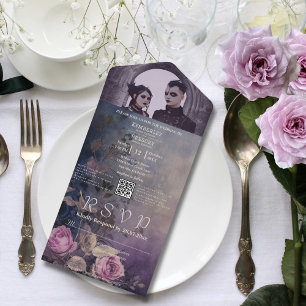 Dark Gothic Lavender Purple Floral Photo QR Code All In One Invitation