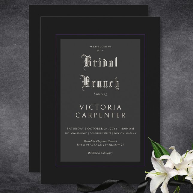 Dark Gothic Minimal Black & Purple Bridal Brunch Invitation (Dark Gothic Minimal Black & Purple Bridal Brunch Invitation)