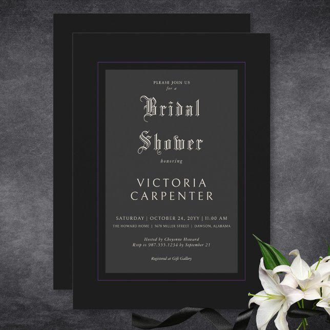 Dark Gothic Minimal Black & Purple Bridal Shower Invitation (Dark Gothic Minimal Black & Purple Bridal Shower Invitation)