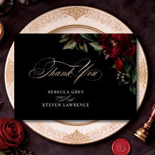 Dark Gothic Moody Green Red Floral Wedding Thank Y You Card