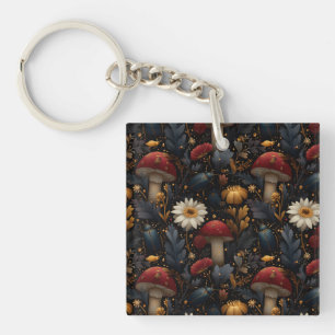 Dark Gothic Mushroom and Beetle Botanical Pattern Key Ring
