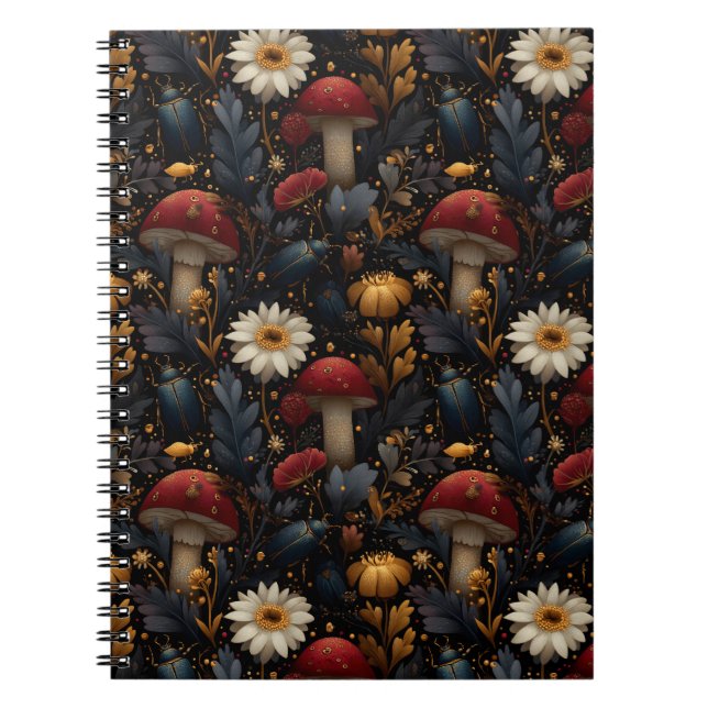 Dark Gothic Mushroom and Beetle Botanical Pattern Notebook (Front)