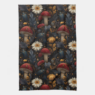 Dark Gothic Mushroom and Beetle Botanical Pattern Tea Towel