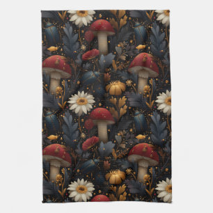 Dark Gothic Mushroom and Beetle Botanical Pattern Tea Towel