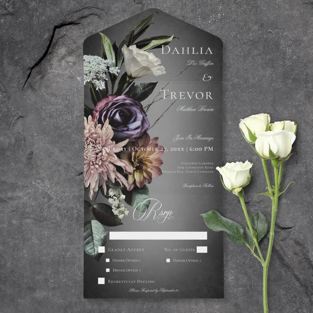 Dark Gothic Mysterious Muted Floral Blur Dinner All In One Invitation (Dark Gothic Mysterious Muted Floral Blur Dinner All In One Invitation)