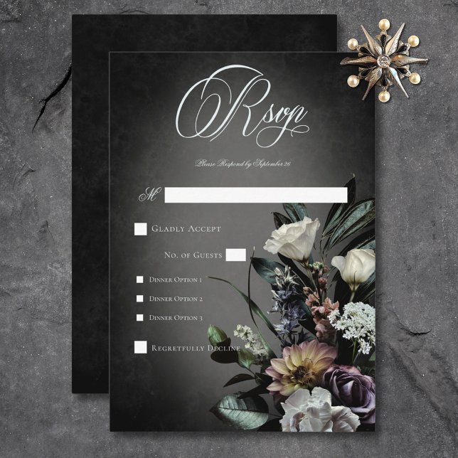 Dark Gothic Mysterious Muted Floral Blur Dinner RSVP Card (Dark Gothic Mysterious Muted Floral Blur Dinner RSVP Card)