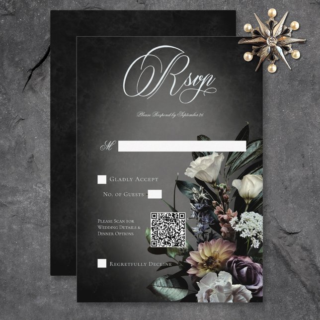 Dark Gothic Mysterious Muted Floral Blur QR Code RSVP Card (Dark Gothic Mysterious Muted Floral Blur QR Code RSVP Card)