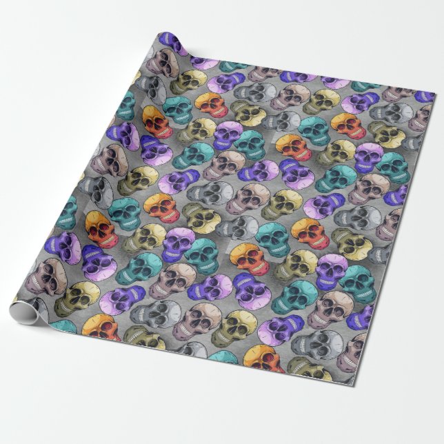 Dark Gothic Ornate Skull Halloween Pattern  Wrapping Paper (Unrolled)