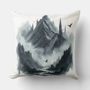 Dark Gothic Peaks Scene with Fog, Rivers & Raven Cushion