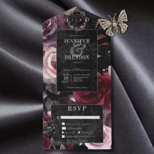 Dark Gothic Pink Burgundy & Black Floral Dinner All In One Invitation