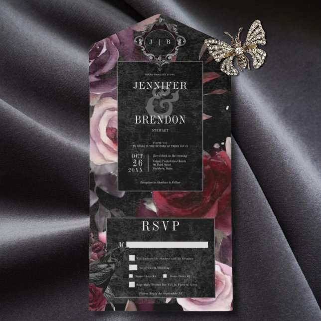 Dark Gothic Pink Burgundy & Black Floral Dinner All In One Invitation (Also available with a QR code or without dinner selection options.)