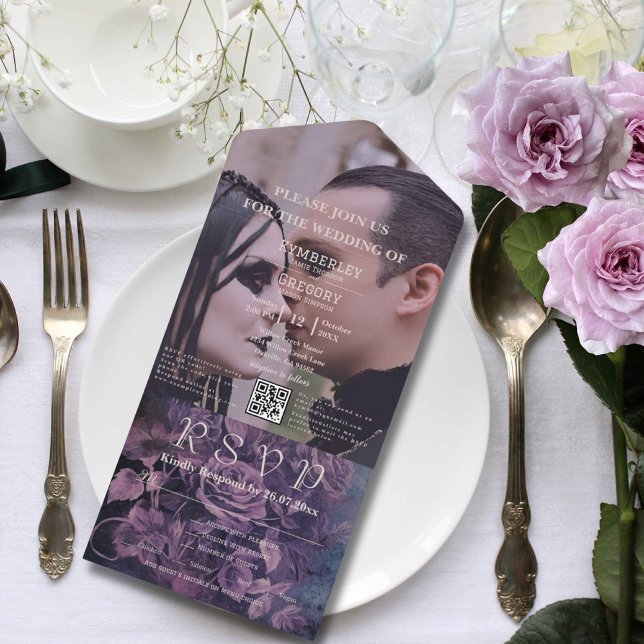 Dark Gothic Purple Lavender Floral QR Code Photo All In One Invitation (Creator Uploaded)