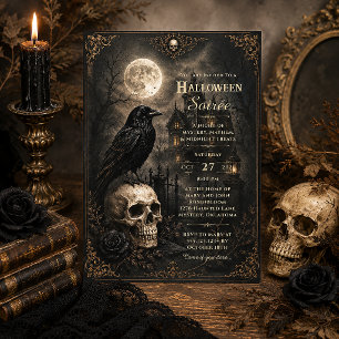 Dark Gothic Raven Skull Mansion Halloween Party   Invitation