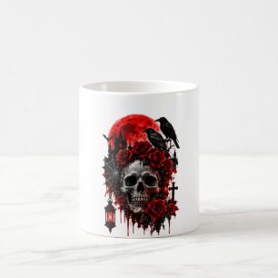 Dark Gothic Raven Skull with Crimson Roses Hallowe Coffee Mug