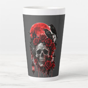 Dark Gothic Raven Skull with Crimson Roses Hallowe Latte Mug