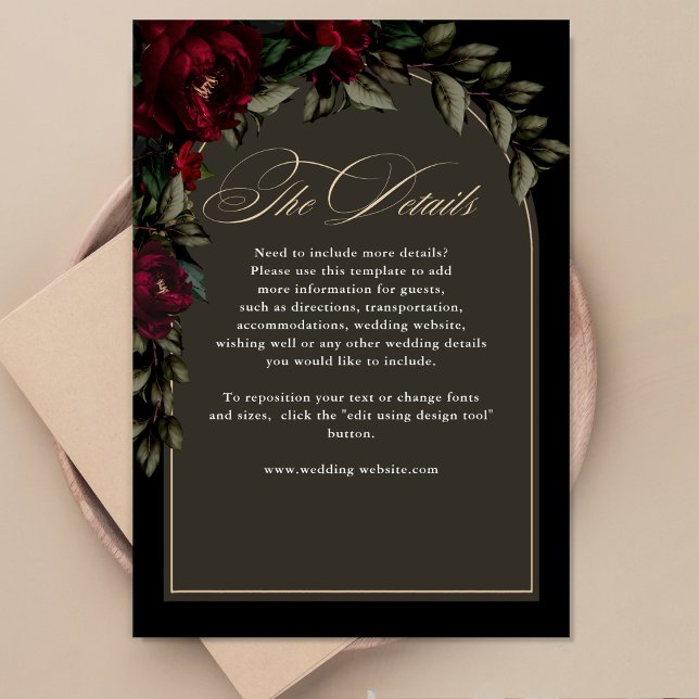 Dark gothic red green floral moody wedding details enclosure card (Creator Uploaded)