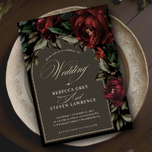 Dark gothic red green floral moody wedding invitat invitation