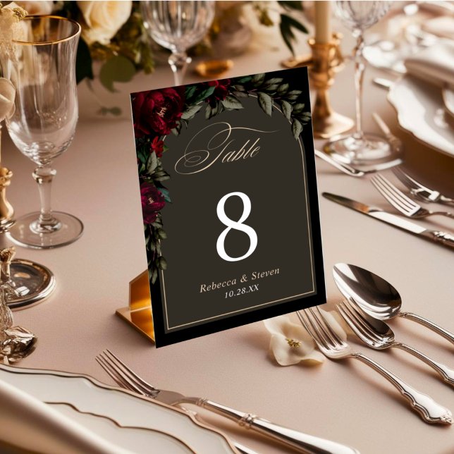 Dark gothic red green floral moody wedding table number (Creator Uploaded)