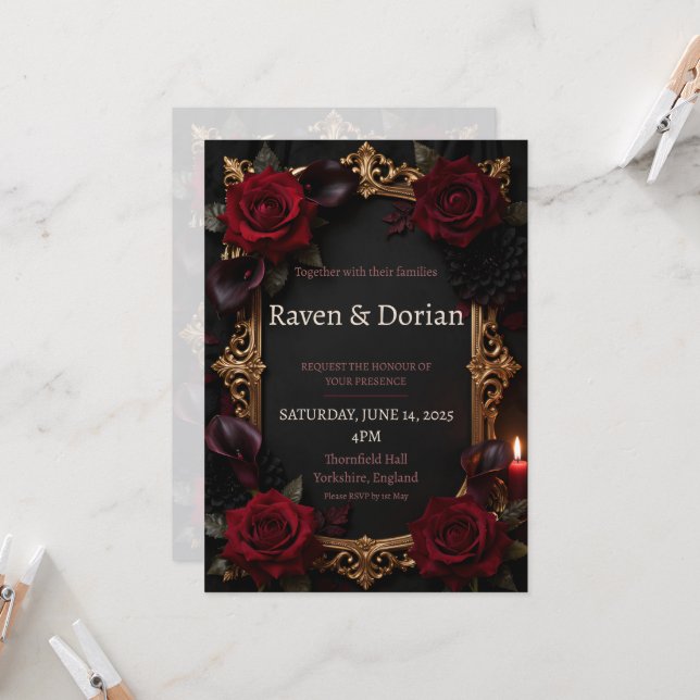 Dark Gothic Red Roses Gold Frame Wedding Invitation (Front/Back In Situ)
