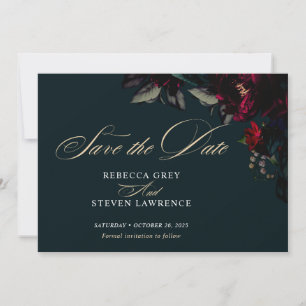 Dark gothic red turquoise floral moody wedding save the date