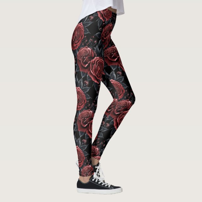 Dark Gothic Rose Floral Black Red Elegant Pattern Leggings (Right)