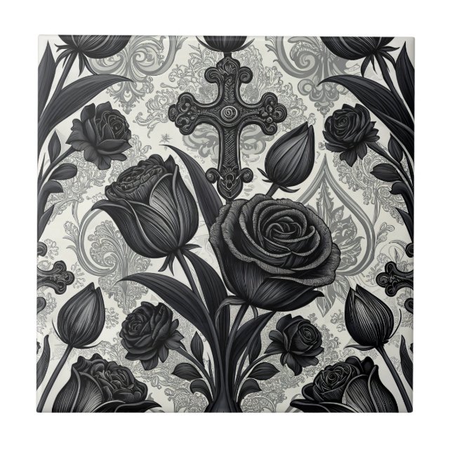 Dark Gothic Rose Pattern (2) Ceramic Tile (Front)