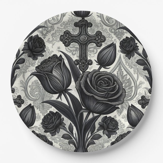 Dark Gothic Rose Pattern (2) Paper Plate (Front)