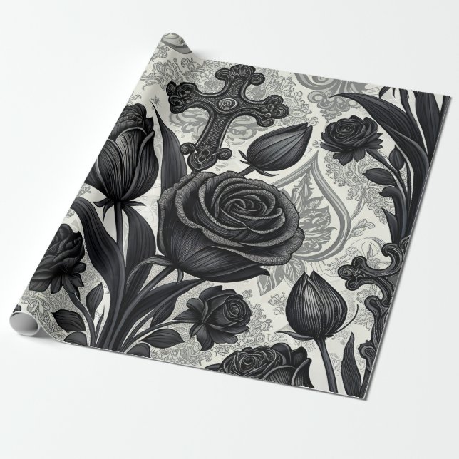 Dark Gothic Rose Pattern (2) Wrapping Paper (Unrolled)