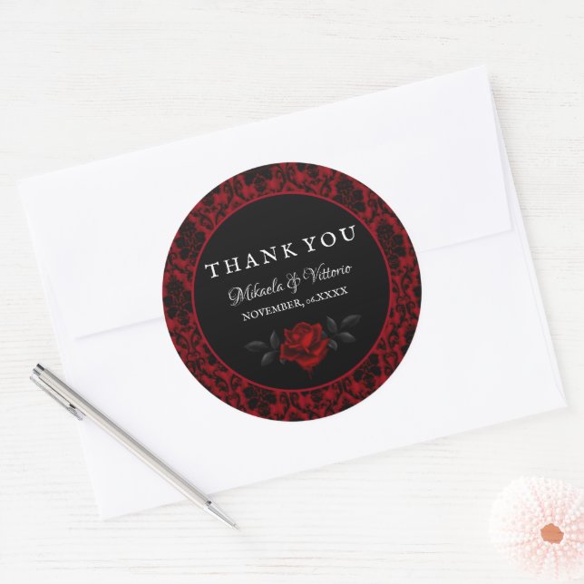 Dark Gothic Rose Wedding Thank you Classic Round Sticker (Envelope)