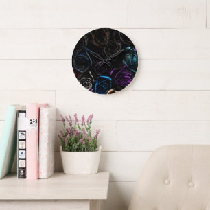 Dark Gothic Roses Velvet Floral Texture Pattern Large Clock