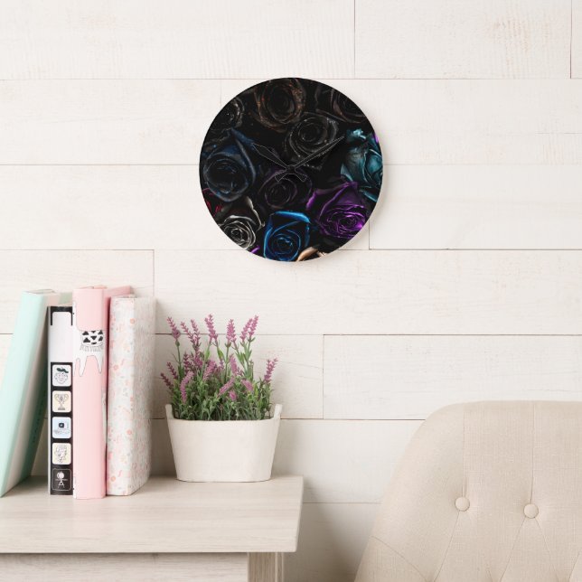 Dark Gothic Roses Velvet Floral Texture Pattern Large Clock (Reading Room)