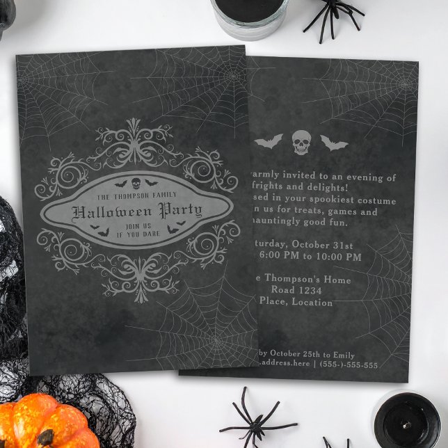 Dark Gothic Skull And Bats Ornate Halloween Party Invitation (Creator Uploaded)